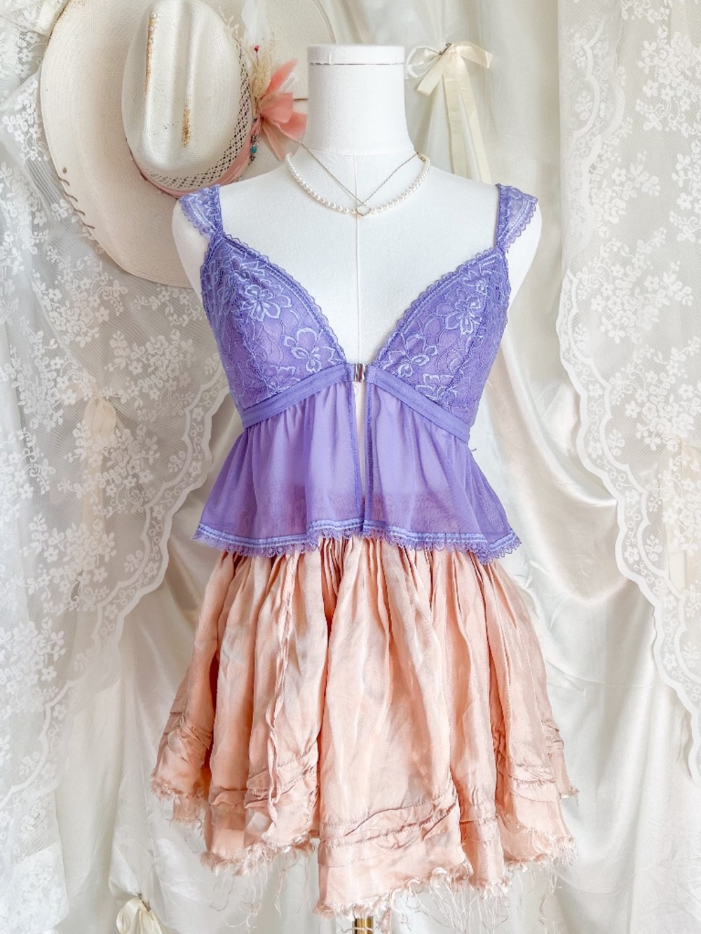 Purple Lace Fairycore Mesh Babydoll Cami Top
